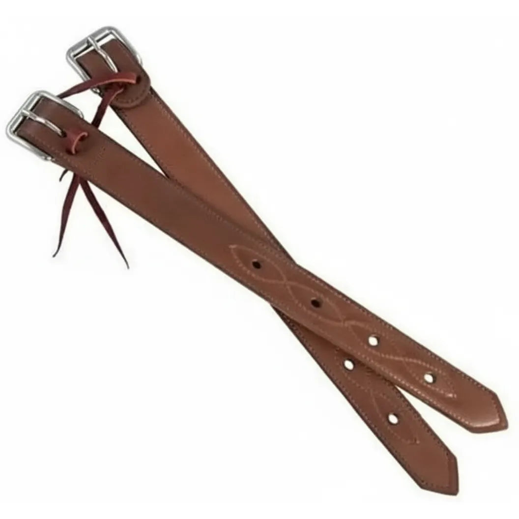 Weaver Leather 1-3/4" Chocolate Leather Saddle Replacement Billets (pair) featuring premium chocolate brown leather and durable stainless steel buckles. These high-quality western horse tack straps include decorative stitching around adjustment holes and leather tie strings, perfect for refreshing your western saddle setup with reliable, professional-grade equestrian gear.