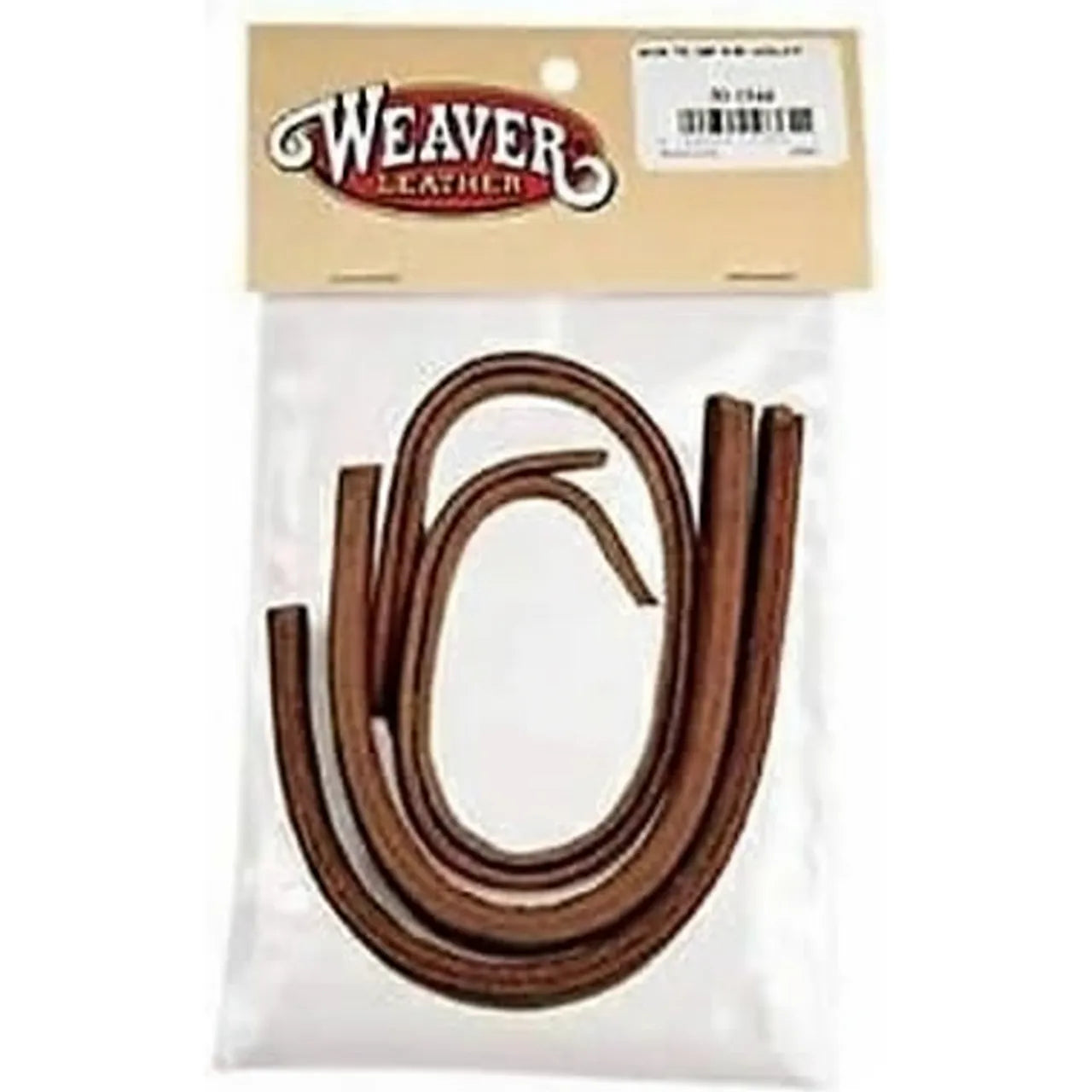 Weaver Leather 1/2 Inch Replacement Water Loops and Tie Laces for horse rein repair. High-quality rich brown premium leather straps designed for secure rein attachments and equestrian tack maintenance. Essential leather repair parts for horse owners and tack rooms, shown in clear packaging with Weaver Leather branding. Durable DIY solution for fixing broken reins.