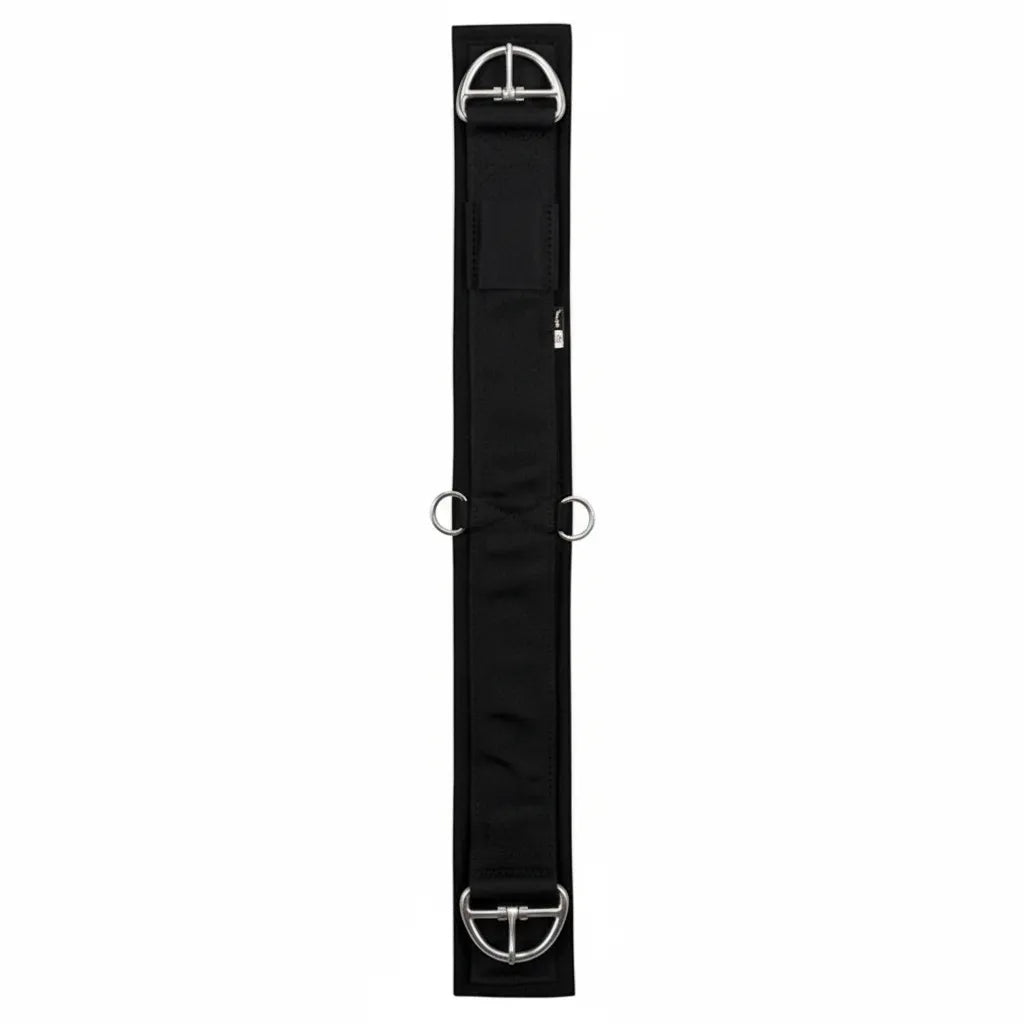 Black Weaver Leather Draft Horse Cinch featuring a 1/2" thick felt lining for maximum comfort. This durable black cinch includes nickel-plated buckles at both ends and center D-rings for accessory attachment. Ideal for large draft horses, this machine-washable equestrian gear combines strength with easy maintenance for daily riding or heavy work.