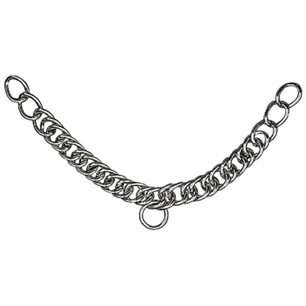 Weaver Leather 11-inch English Curb Chain in shiny nickel-plated steel. This premium horse tack hardware features a classic double-link design with a central lip strap ring for a secure fit. Perfect for English bridles, this durable silver equestrian accessory is a must-have for dressage, jumping, and training. Professional-grade metal curb chain for horse bits and bridles.