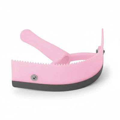 Weaver Leather 2-in-1 Sweat Scraper & Curry Comb in a vibrant pink finish. This versatile horse grooming tool features a serrated top edge for curry combing and shedding, paired with a smooth grey rubber bottom edge for efficient sweat and water removal. Its curved design and ergonomic handle offer a comfortable grip, making it an essential multi-functional accessory for equine care and grooming kits.