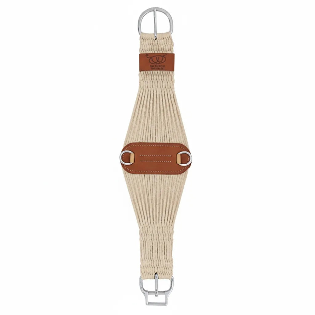 Weaver Leather 27 Strand Smart Cinch with Roll Snug Buckle. This natural blend rope cinch features durable stainless steel hardware and rich brown leather accents. The wide 27-strand design provides maximum comfort for horses, while the patented Roll Snug buckle ensures smooth, easy cinching. High-quality western horse gear perfect for training, performance, and trail riding.