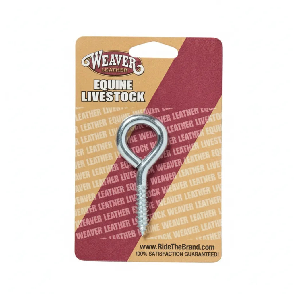 Weaver Leather 3-inch ZP Screw Eye, a heavy-duty zinc-plated closed eye lag screw designed for livestock and equine use. The silver metallic screw eye is displayed on its original tan and maroon Weaver Leather "Equine Livestock" branded packaging. High-quality, rust-resistant hardware ideal for stables, farms, and securing heavy equipment.