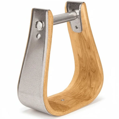 Weaver Leather 3-Step Stirrup Overshoe featuring a wide-base design for large winter boots. This western riding stirrup is crafted from natural bent wood with a sturdy, matte silver metal outer casing. The oversized opening provides extra room for insulated footwear, ensuring safety and comfort in cold weather. Durable construction includes a metal top bolt and riveted sides for a classic, heavy-duty tack look ideal for trail riding or ranch work.