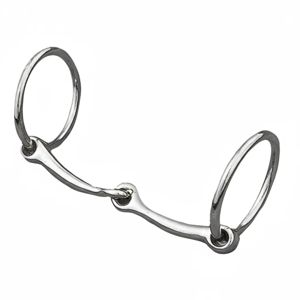 Weaver Leather 5" Jointed Swivel Port Mouth Horse Bit crafted from polished nickel-plated malleable iron. This sleek silver equestrian bit features a classic two-piece jointed mouthpiece with swivel rings for responsive communication and control. A durable and versatile addition to your horse tack collection, perfect for western or english riding disciplines.