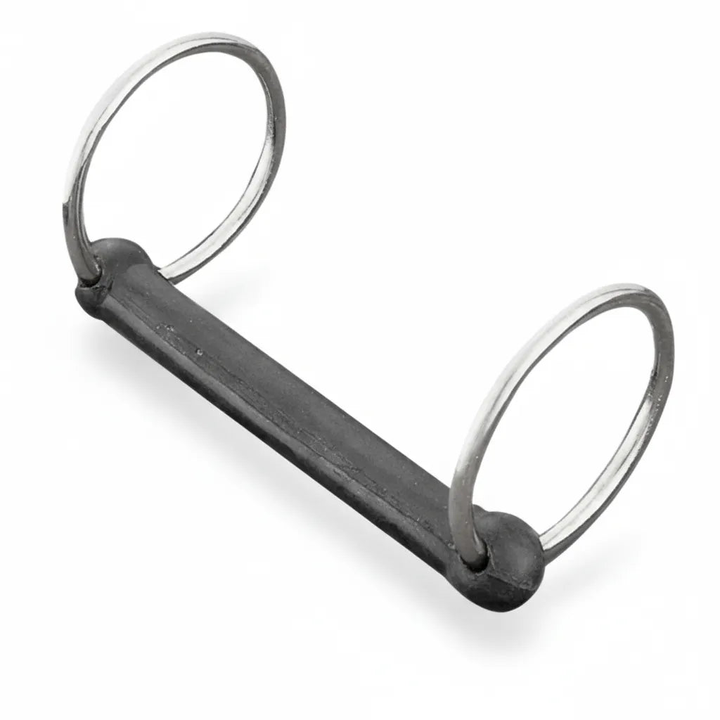 Weaver Leather 5-inch Rubber Mouth Driving Bit featuring a straight black rubber-coated mouthpiece and 2.5-inch polished silver loose rings. Crafted with malleable sweet iron and copper for horse comfort, this gentle snaffle bit is a must-have piece of equestrian tack for carriage driving and training. Durable and high-quality horse bit designed for sensitive mouths.