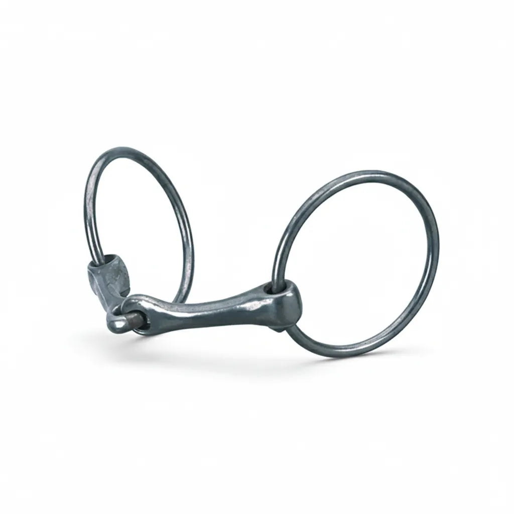 Weaver Leather 5" Snaffle Bit featuring a dark malleable sweet iron mouthpiece and 3" loose rings. This high-quality equestrian bit promotes salivation and a soft, responsive mouth for better communication. The single-jointed design is ideal for training across various western or English riding disciplines. Durable horse tack for riders looking for reliable performance and a classic, professional look.