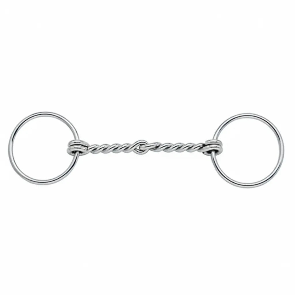 Weaver Leather 6" Stainless Steel Single Twisted Wire Snaffle Bit featuring 3" loose rings. Designed specifically for draft horses, this high-quality horse bit has a jointed, single twisted wire mouthpiece for added control and communication. The durable silver stainless steel construction provides rust-resistant, long-lasting performance. An essential piece of equestrian tack for heavy horse owners looking for precision and reliability in their training and riding gear.