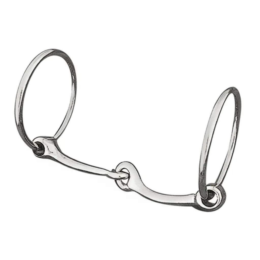Weaver Leather 7" Jointed Team Bit featuring a polished nickel-plated malleable iron finish. This classic snaffle mouthpiece includes two large 3" loose rings, providing clear communication and control for equestrian training, western riding, and team driving. A durable and stylish addition to your horse tack collection, perfect for professional or recreational use.