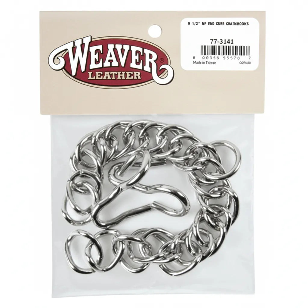 Weaver Leather 9.5" English Curb Chain and Hooks featuring a durable nickel-plated finish for horse tack. This high-quality equestrian accessory includes a shiny silver-toned curb chain with two matching hooks, securely packaged. A classic addition to English riding bridles and bits, offering both durability and a professional appearance for any horse gear collection.
