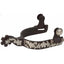 Weaver Leather Antiqued Ladies' Spurs featuring exquisite German Silver floral trim and engraving. These premium Western equestrian spurs offer a 1-1/2" shank and a blunt 6-point rowel for gentle communication. The dark brown antiqued steel finish is beautifully contrasted by hand-engraved silver flowers along the band and neck. A stylish choice for horse shows or barrel racing, complete with decorative silver buttons for easy attachment to spur straps.