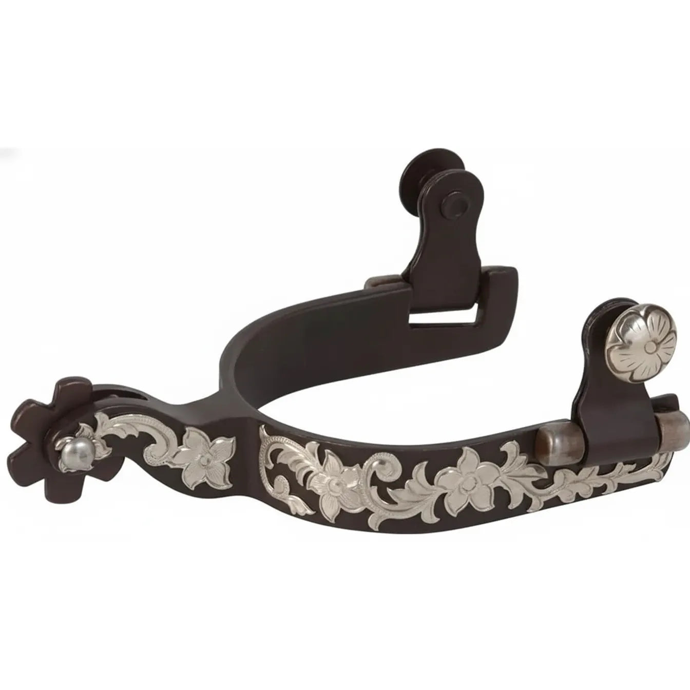 Weaver Leather Antiqued Ladies' Spurs featuring exquisite German Silver floral trim and engraving. These premium Western equestrian spurs offer a 1-1/2" shank and a blunt 6-point rowel for gentle communication. The dark brown antiqued steel finish is beautifully contrasted by hand-engraved silver flowers along the band and neck. A stylish choice for horse shows or barrel racing, complete with decorative silver buttons for easy attachment to spur straps.