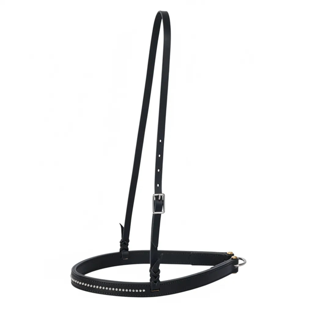 Weaver Leather Back-In-Black Noseband crafted from premium black English bridle leather, accented with a row of shimmering nickel brass spots. This elegant piece of horse tack features a 1/2" adjustable crown strap with a silver-tone buckle for a custom fit on average-sized horses. A stylish and durable addition to any headstall, perfect for both training and competition.