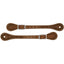 Weaver Leather Barbed Wire Thin Spur Straps in brown skirting leather with hand-stamped barbed wire tooling and white contrast stitching. These Western spur straps feature durable stainless steel hardware and a sleek, slender profile. Perfect for equestrian riders seeking high-quality, artisanal horse tack for daily riding or ranch work. Stylish brown leather spur straps for classic Western appeal.