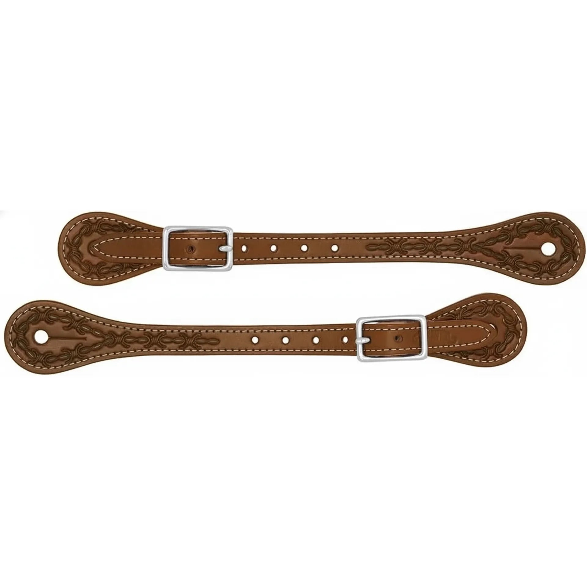 Weaver Leather Barbed Wire Thin Spur Straps in brown skirting leather with hand-stamped barbed wire tooling and white contrast stitching. These Western spur straps feature durable stainless steel hardware and a sleek, slender profile. Perfect for equestrian riders seeking high-quality, artisanal horse tack for daily riding or ranch work. Stylish brown leather spur straps for classic Western appeal.