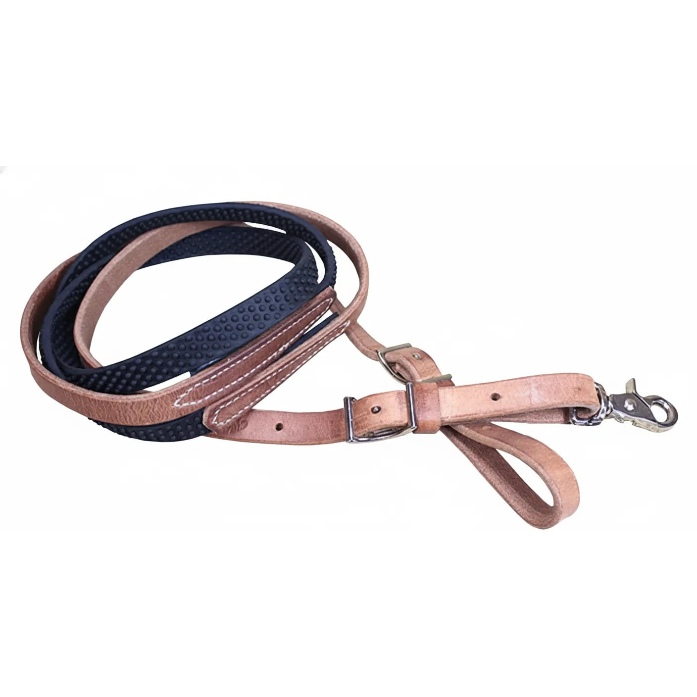 Weaver Leather Barrel Rein featuring premium russet harness leather and a black pimpled rubber grip for a secure, non-slip hold. This 3/4" x 8' horse rein is designed for durability and control, making it ideal for barrel racing and performance riding. Includes an adjustable buckle and a heavy-duty trigger snap for quick attachment. High-quality equestrian tack for horse enthusiasts.