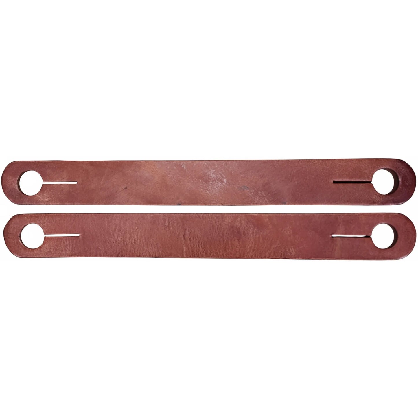 Pair of Weaver Leather Basic Single Ply Russet Harness Leather Slobber Straps, 1-1/4" x 10-3/4". These durable western tack accessories feature pre-cut holes and slits at each end for easy bit attachment. Crafted from high-quality russet harness leather, they provide a classic look and functional weight for better communication between horse and rider during training or trail riding.