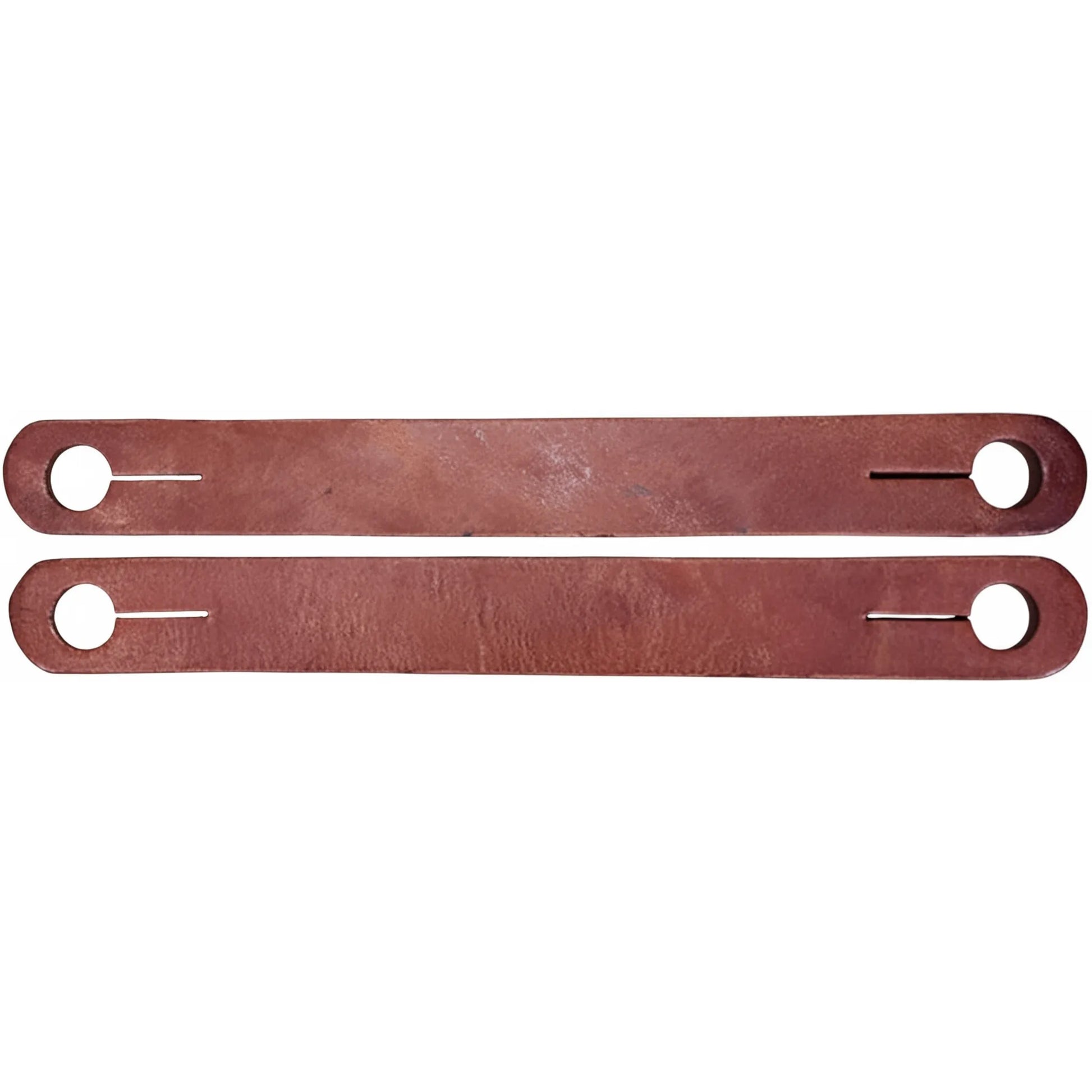Pair of Weaver Leather Basic Single Ply Russet Harness Leather Slobber Straps, 1-1/4" x 10-3/4". These durable western tack accessories feature pre-cut holes and slits at each end for easy bit attachment. Crafted from high-quality russet harness leather, they provide a classic look and functional weight for better communication between horse and rider during training or trail riding.