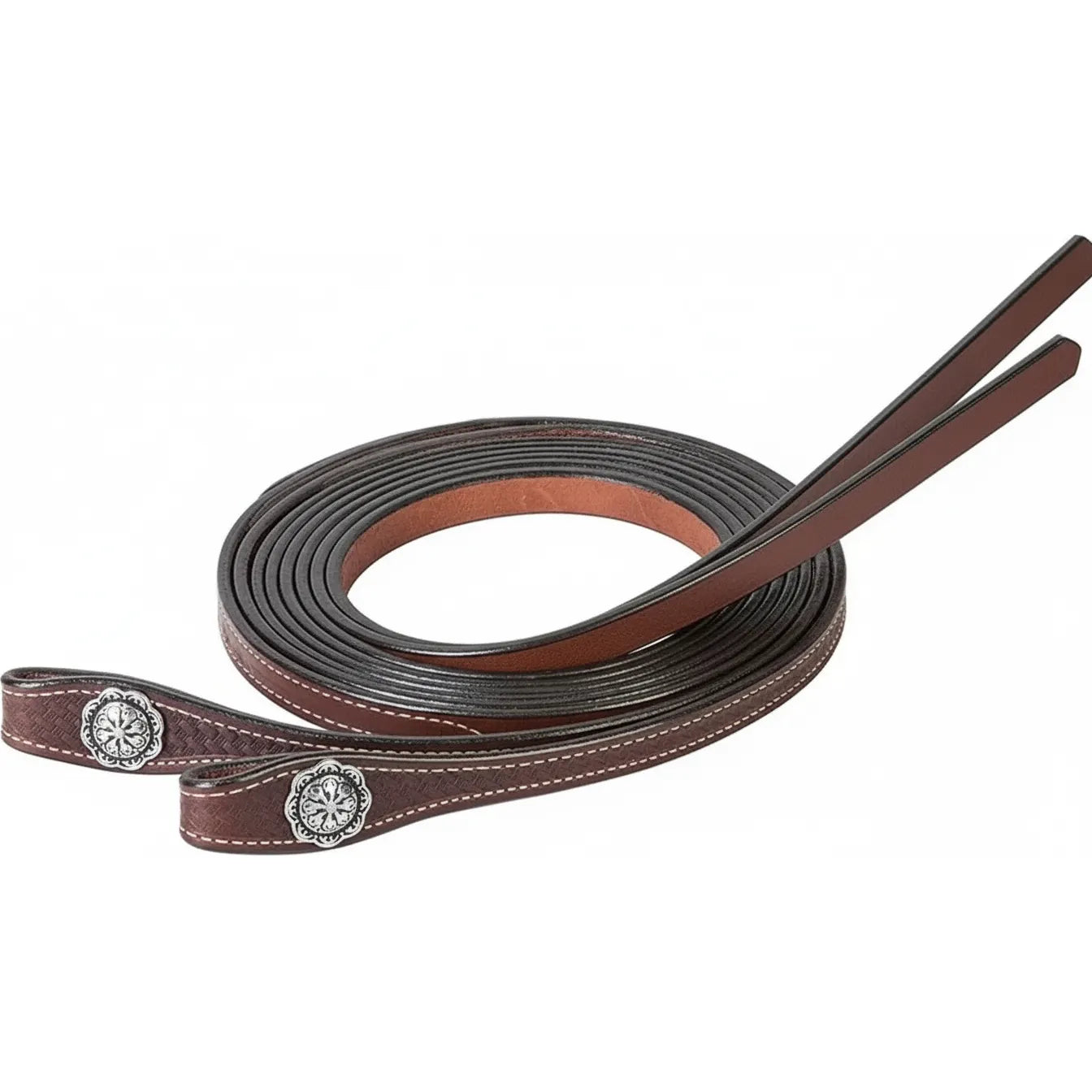 Weaver Leather Basin Cowboy Collection 8' Split Reins in mahogany English bridle leather. These Western horse reins feature intricate basketweave stamping at the bit ends, durable white contrast stitching, and decorative silver floral conchos. Premium equestrian tack designed for performance and classic style, perfect for Western riding enthusiasts and horse trainers.
