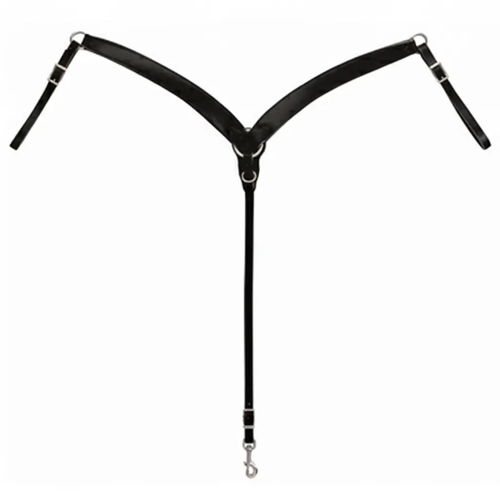 Weaver Leather Black Contoured Breast Collar featuring premium doubled and stitched vegetable tanned leather. This essential Western horse tack is designed with sleek nickel hardware, adjustable buckles, and a secure snap for cinch attachment. The contoured Y-shape provides a comfortable fit for performance or trail riding. Durable, professional-grade equestrian gear for riders seeking style and functionality.