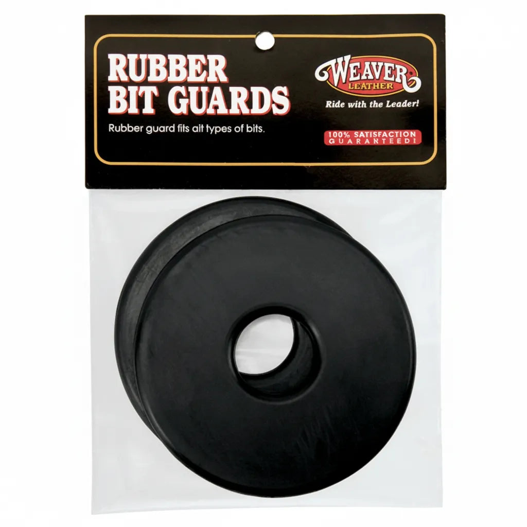 Pair of Weaver Leather Black Rubber Bit Guards, 3.5" diameter, designed to fit all types of horse bits. These durable rubber discs prevent uncomfortable pinching and rubbing at the corners of a horse's mouth. Packaged in retail branding, they are essential equestrian accessories for improved horse comfort and bit fit. Ideal for training, showing, or everyday riding.