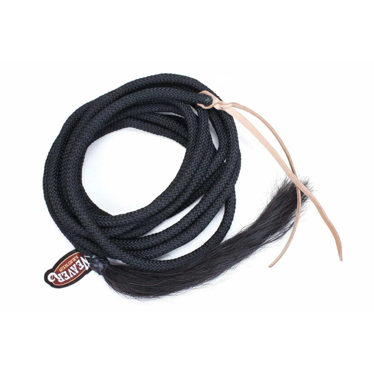 Weaver Leather black braided nylon mecate featuring a genuine black horsehair tassel and a light tan rawhide button. These durable 1/2-inch by 23-foot western reins include tan leather poppers, offering a professional look and feel for equestrian training and trail riding. High-quality horse tack designed for performance and style in the show ring or on the ranch.