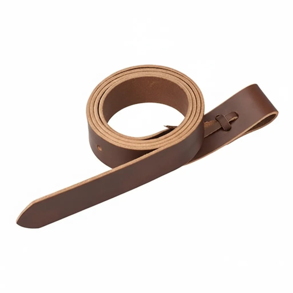 Weaver Leather Brown Latigo Cinch Strap for Western Saddles, 1-3/4" x 72". This high-quality brown leather strap features a smooth finish, tapered end for easy threading, and a built-in keeper for secure attachment. A durable and essential piece of equestrian equipment and horse tack, designed for strength and reliability during western riding and ranch work.