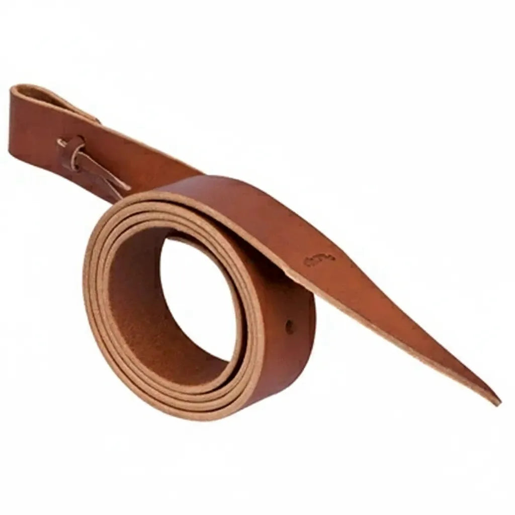 Premium Weaver Leather Brown Latigo Cinch Strap, 1.5" x 6' (72"), featuring pre-punched holes for easy saddle adjustment. Crafted from durable, rich brown leather, this essential western saddle tie strap provides a secure and professional fit. Shown coiled to highlight its quality craftsmanship and supple texture, this high-quality horse tack is a must-have for equestrians looking for reliable and stylish saddle accessories.