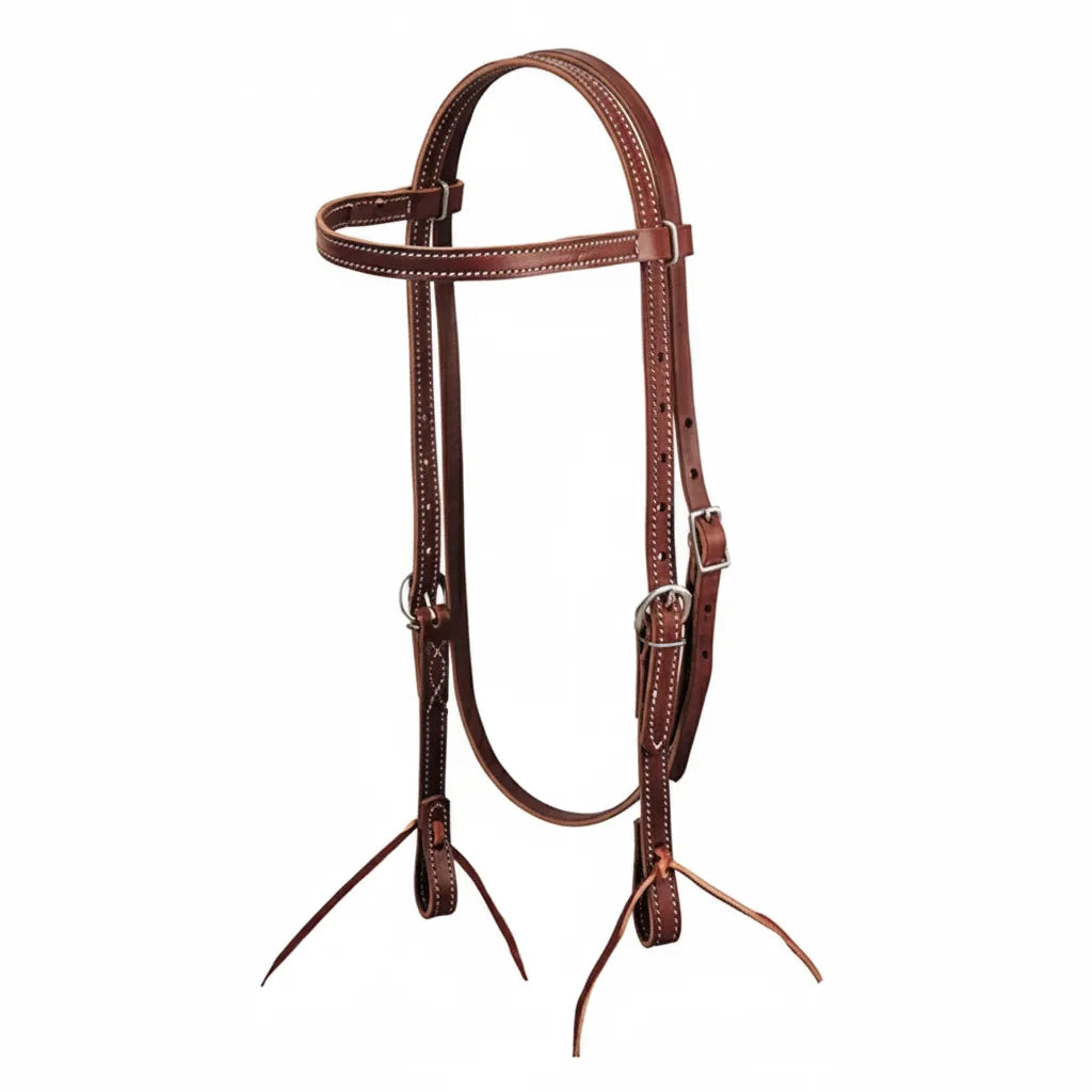 Weaver Leather Burgundy Latigo Browband Headstall featuring durable, pre-oiled leather and classic white contrast stitching. This Western horse bridle includes stainless steel hardware, an adjustable throat latch, and leather tie bit ends. Ready to ride and built for performance, it's a high-quality essential for any equestrian's tack collection.