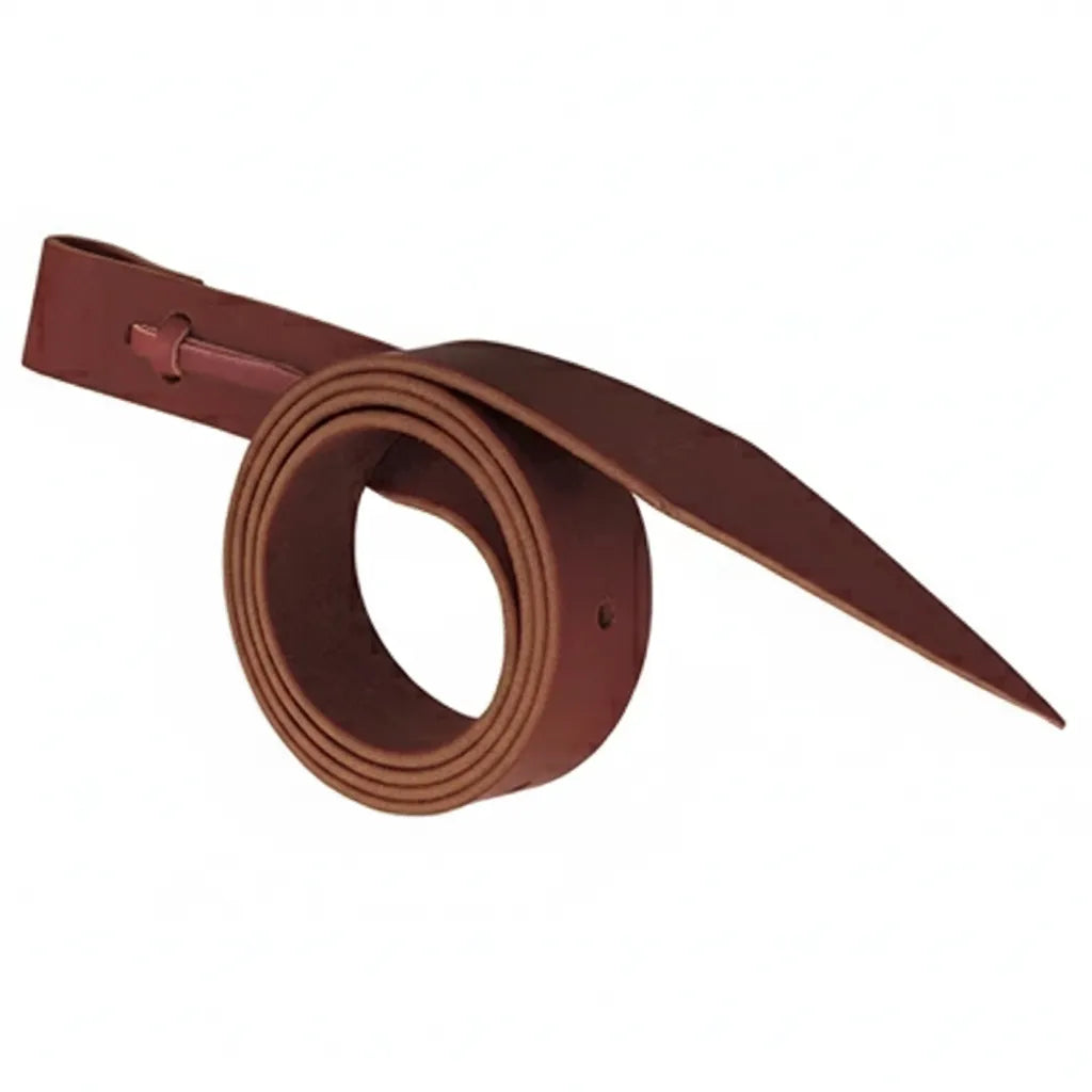 Weaver Leather Burgundy Latigo Leather Cinch Strap with Tie, 1-1/2" x 60", crafted from supple and durable premium burgundy latigo leather. This essential western horse tack accessory is coiled to display its rich color and quality, featuring a tapered end for smooth cinch adjustment and a pre-attached tie for secure saddle fastening. A must-have for western riders seeking reliable, high-quality leather saddle equipment for trail or arena use.