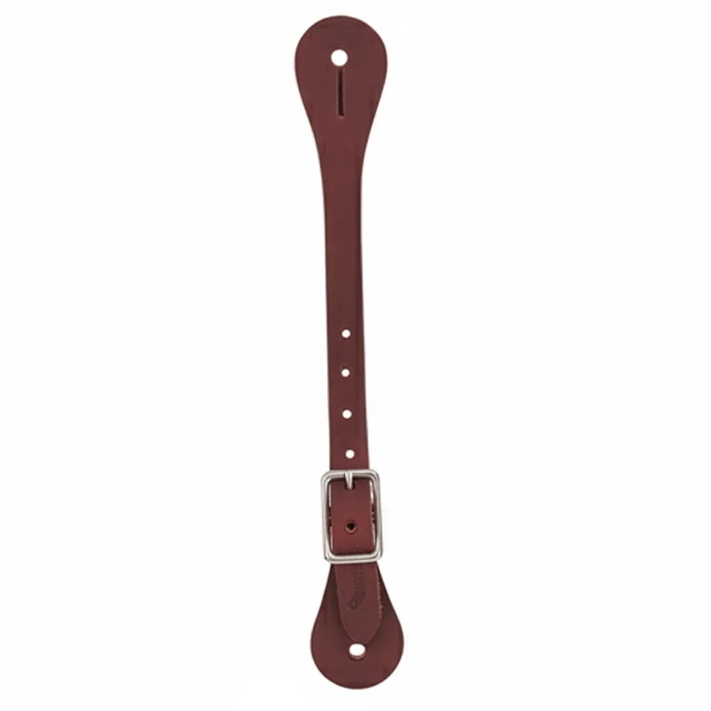 Weaver Leather Burgundy Latigo Leather Spur Straps for adults, featuring single-ply leather with a durable nickel-plated buckle. These western horse tack accessories display a rich reddish-brown color, adjustable holes for a custom fit, and teardrop-shaped ends with pre-cut holes for easy attachment to spurs. Perfect for western riding, ranching, and equestrian sports.