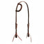 Weaver Leather Burgundy Latigo One-Ear Headstall featuring a double-cheek design with adjustable stainless steel buckles. This Western horse headstall is crafted from premium burgundy latigo leather with decorative white stitching and leather bit ties. A durable and classic choice for horse training, trail riding, or everyday ranch work.