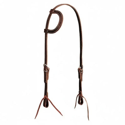 Weaver Leather Burgundy Latigo One-Ear Headstall featuring a double-cheek design with adjustable stainless steel buckles. This Western horse headstall is crafted from premium burgundy latigo leather with decorative white stitching and leather bit ties. A durable and classic choice for horse training, trail riding, or everyday ranch work.