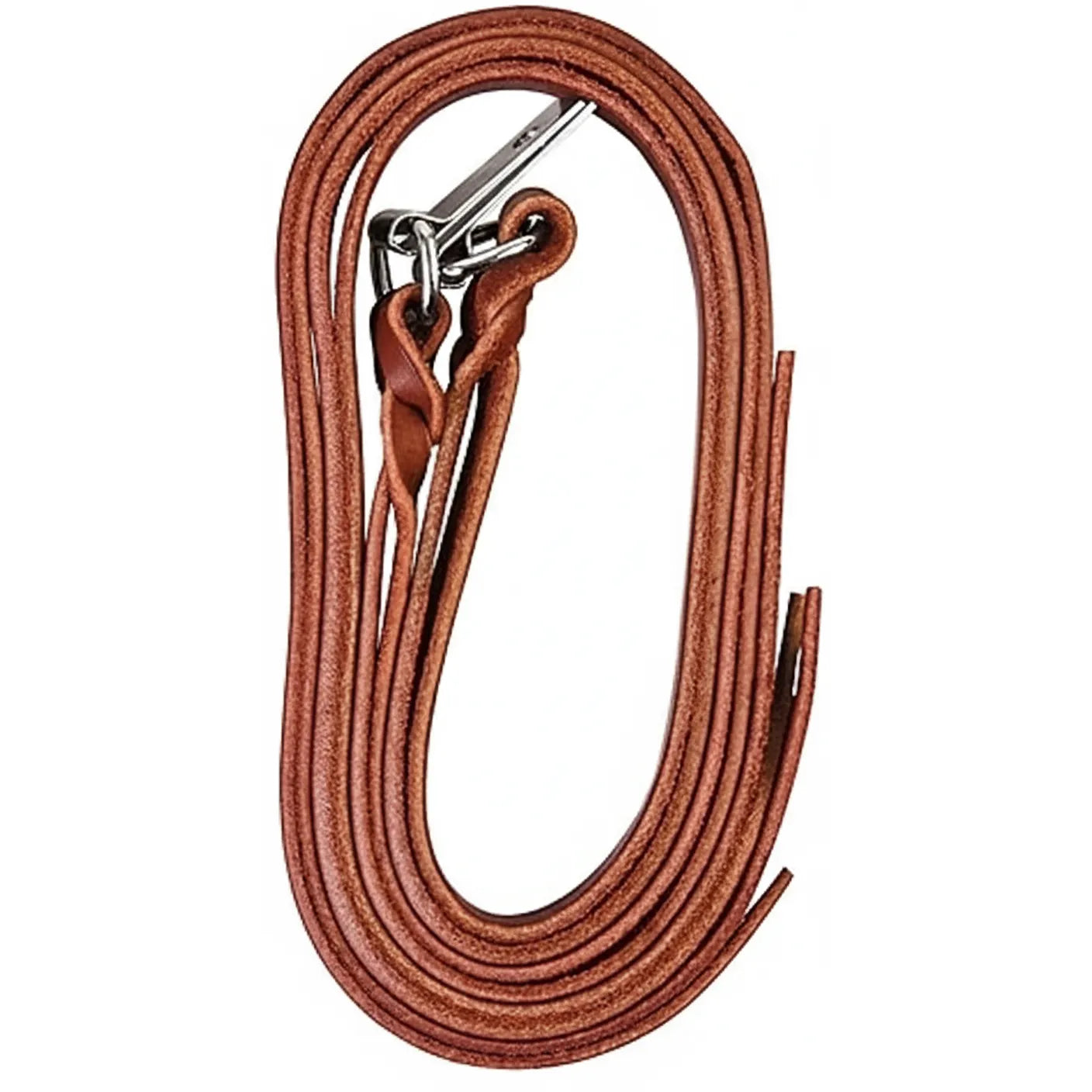 Pair of Weaver Leather Burgundy Latigo Saddle Strings coiled to show the rich color and high-quality leather texture. Each 1/2" x 24" strap features a durable 5/8" nickel-plated clip for easy attachment to western saddles. These premium leather replacement strings are strong and functional, perfect for securing gear and accessories during trail rides. A must-have horse tack essential for equestrian enthusiasts seeking durable and stylish saddle hardware.