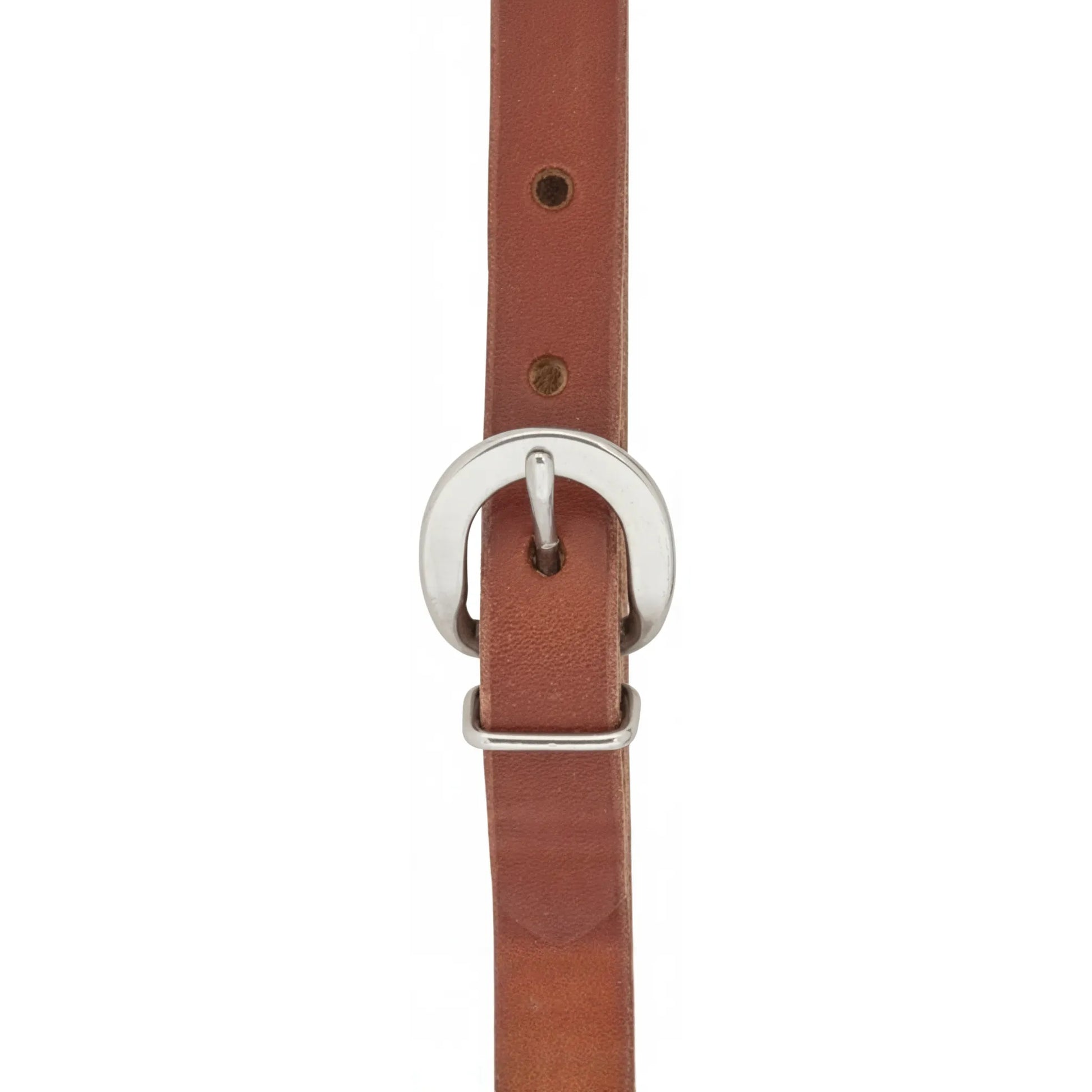 Weaver Leather Canyon Rose Harness Leather Curb Strap with durable stainless steel hardware. This adjustable brown leather horse tack accessory is designed for secure bit attachment and long-lasting performance in western riding. A high-quality addition to any equestrian's collection, featuring premium leather and corrosion-resistant hardware.