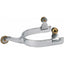 Weaver Leather Children's Stainless Steel Spurs featuring a polished 5/8" plain band and 1.75" shank. This durable youth equestrian gear showcases a decorative brass-toned rosebud rowel and matching swinging buttons for secure strap attachment. High-quality western riding spurs designed for young riders, providing a classic look and reliable performance for horse shows, training, or trail riding.