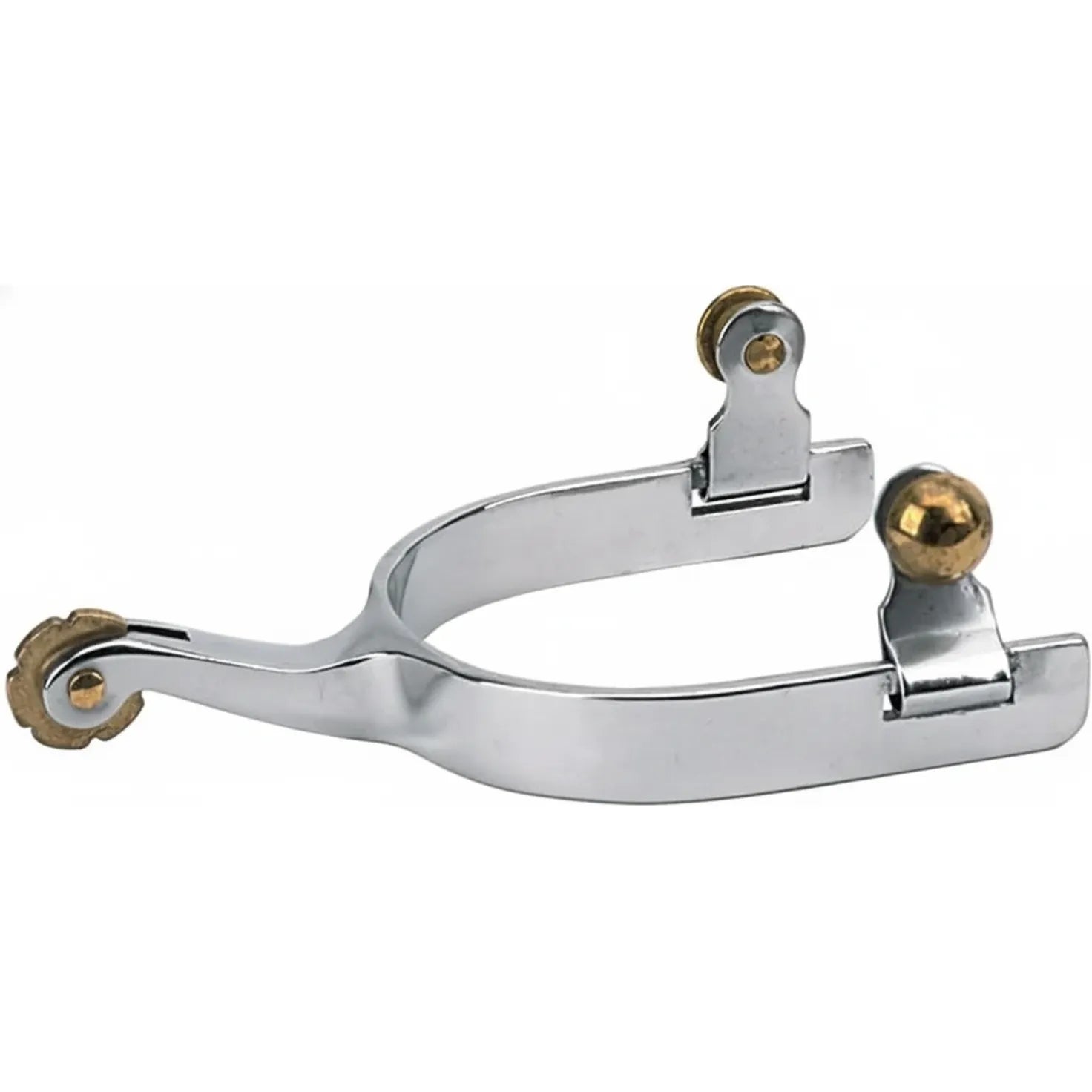 Weaver Leather Children's Stainless Steel Spurs featuring a polished 5/8" plain band and 1.75" shank. This durable youth equestrian gear showcases a decorative brass-toned rosebud rowel and matching swinging buttons for secure strap attachment. High-quality western riding spurs designed for young riders, providing a classic look and reliable performance for horse shows, training, or trail riding.