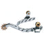Weaver Leather Children's Twisted Band Riding Spurs featuring high-polish stainless steel and elegant brass accents. This durable youth equestrian gear includes a decorative 1/2" twisted band, a 1.75" shank, and a 10-point brass rowel. Perfect for young western riders, these stylish horse spurs offer both function and flair with secure brass buttons for attaching leather straps. An essential piece of high-quality tack for youth horse riding.