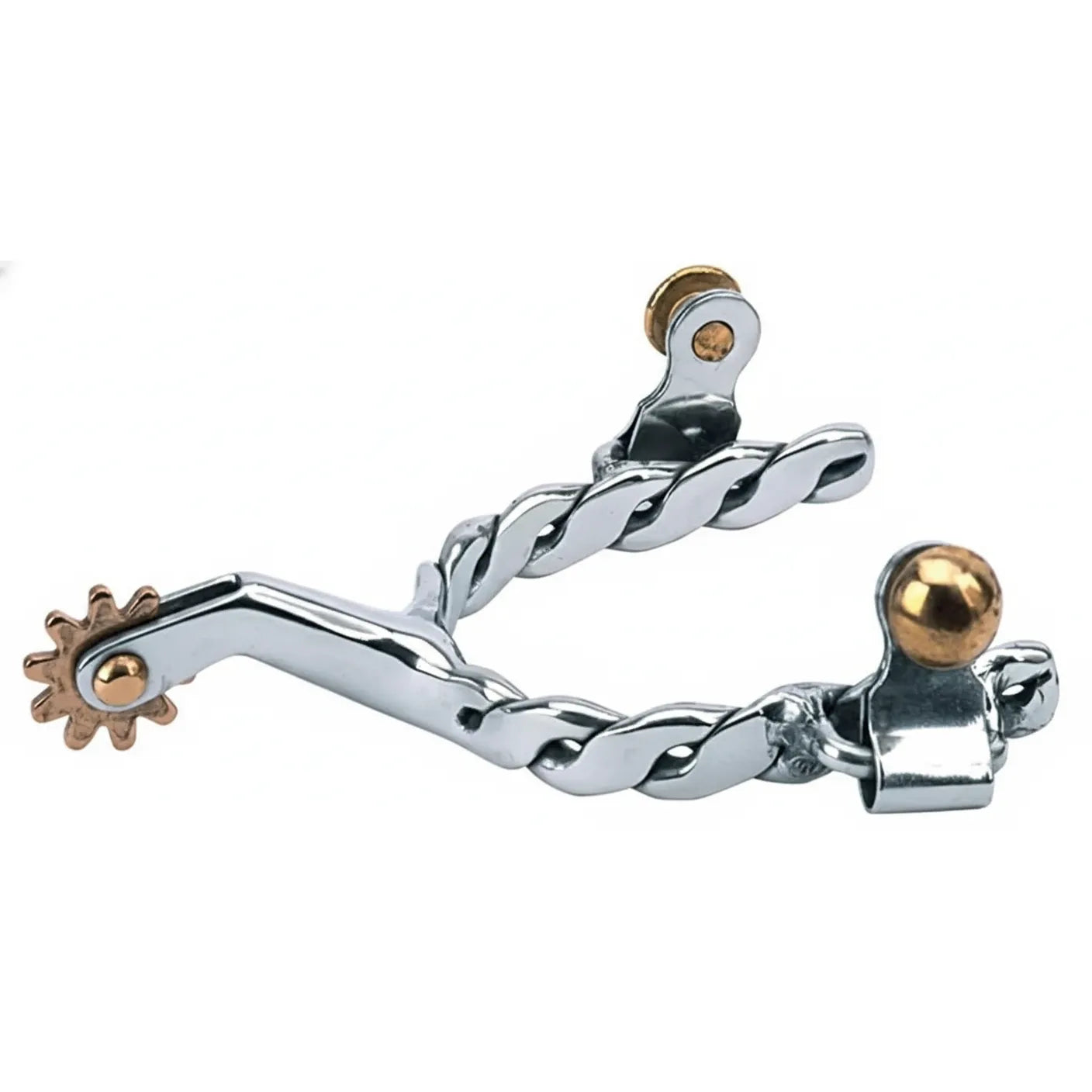 Weaver Leather Children's Twisted Band Riding Spurs featuring high-polish stainless steel and elegant brass accents. This durable youth equestrian gear includes a decorative 1/2" twisted band, a 1.75" shank, and a 10-point brass rowel. Perfect for young western riders, these stylish horse spurs offer both function and flair with secure brass buttons for attaching leather straps. An essential piece of high-quality tack for youth horse riding.