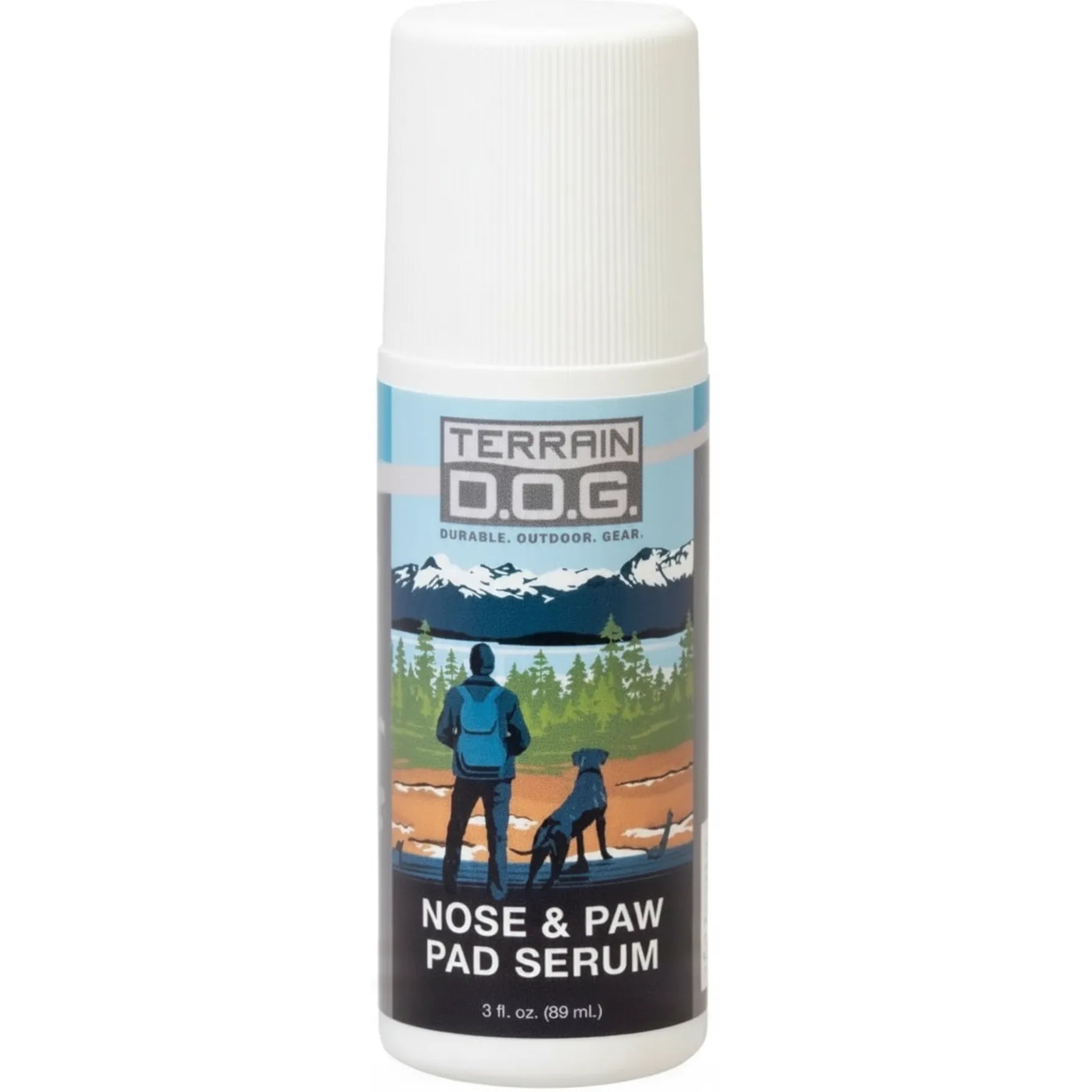 Terrain D.O.G. Nose & Paw Pad Serum by Weaver Leather in a 3 oz white bottle with a ribbed cap. The label features an outdoor mountain scene with a hiker and their black dog, highlighting its use for active pets. This soothing serum moisturizes dry, cracked noses and paw pads, providing essential protection during hiking and outdoor adventures. Portable 3 fl. oz. (89 mL) bottle size, ideal for on-the-go pet care and dog grooming kits.