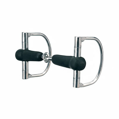 Weaver Leather Copper Infused Rubber Mouth D-Ring Horse Bit featuring a black single-jointed rubber mouthpiece and sleek 2-7/8" silver D-rings. This 5" mouth snaffle bit is designed for gentle communication and maximum horse comfort, making it an ideal choice for equestrian training or everyday riding. High-quality horse tack perfect for both English and Western disciplines.
