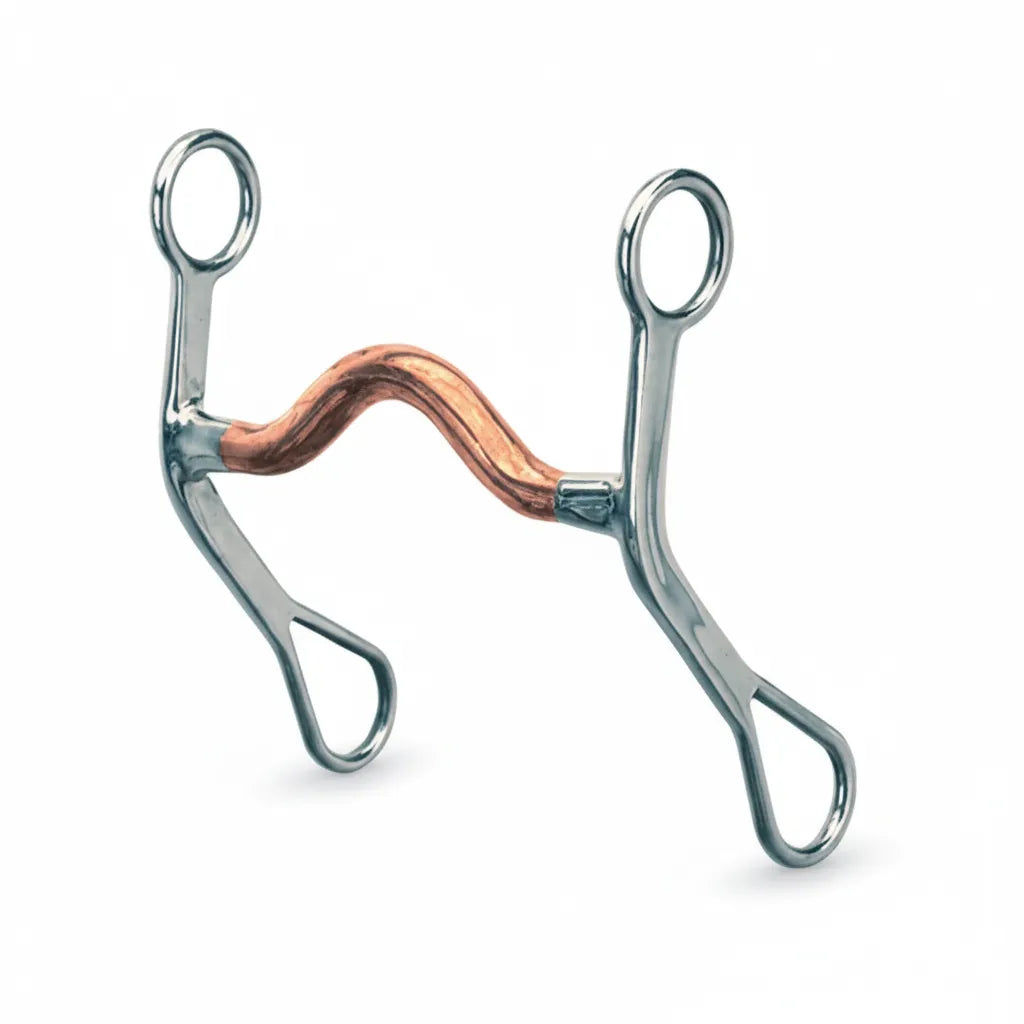 Weaver Leather Copper Mouth Curb Bit featuring a 4.5" copper mouthpiece with a medium port and 6" polished stainless steel cheeks. This classic western horse bit is designed to promote salivation and encourage a softer, more responsive mouth. High-quality equestrian tack with durable silver-colored shanks and teardrop rein loops, perfect for everyday riding or training. Enhance your horse's comfort and communication with this stylish and functional curb bit.