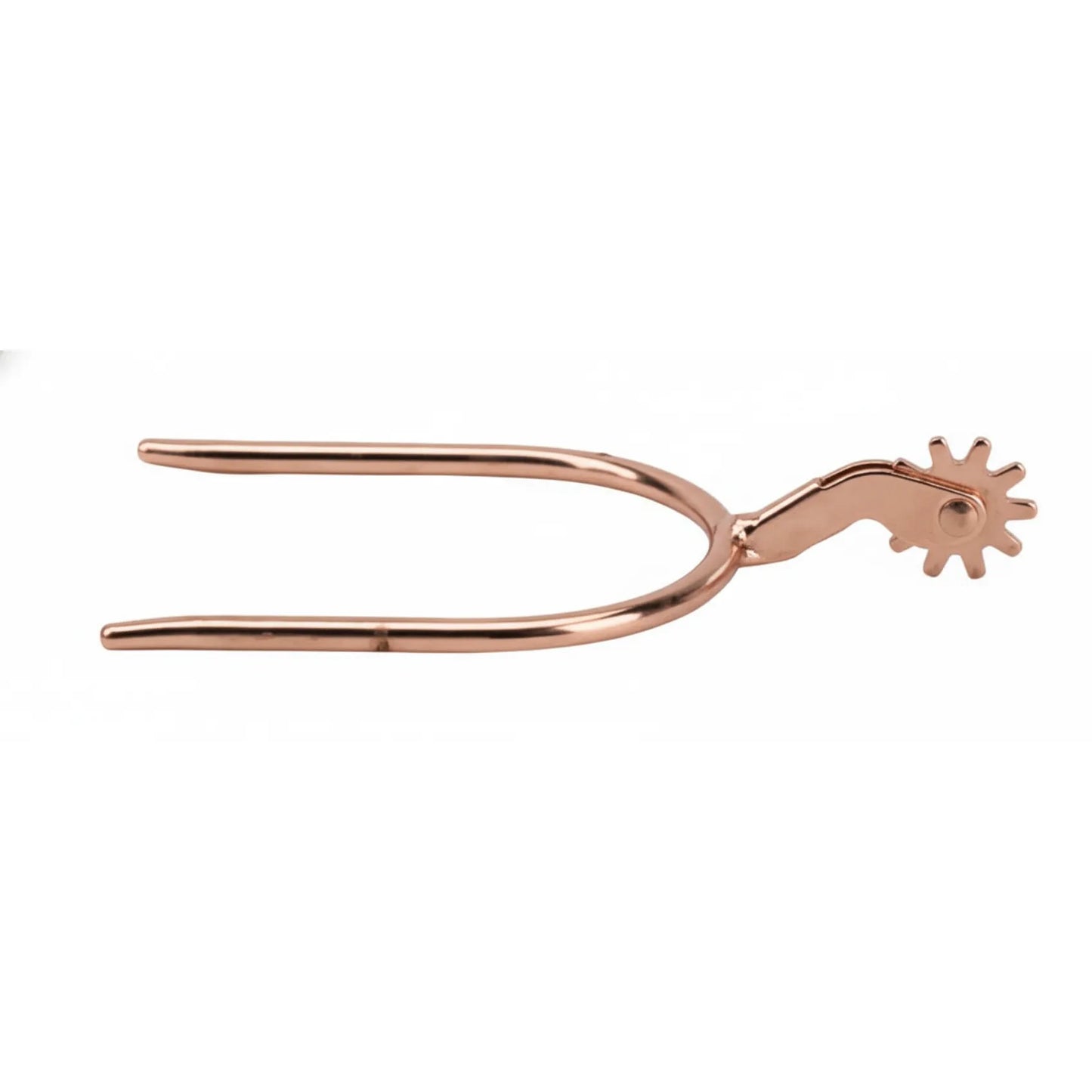 Weaver Leather copper plated ladies quick-on spurs featuring a 1.5-inch shank and a ten-point star rowel. These elegant and functional equestrian riding spurs provide a stylish rose gold look for western riders while offering precision control. Ideal for horse training or casual trail riding, these durable copper-finished spurs are designed for easy use and a polished equestrian aesthetic.