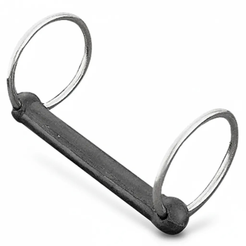 Weaver Leather Copper Plated Rubber Mouth Bit featuring a 4.5-inch black rubber-covered straight mouthpiece and 2.5-inch polished metal loose rings. Designed with a durable malleable iron core, this gentle horse bit is ideal for sensitive mouths or young horse training. A professional equestrian tack essential for soft communication, perfect for riders looking for high-quality, comfortable horse gear and training equipment.