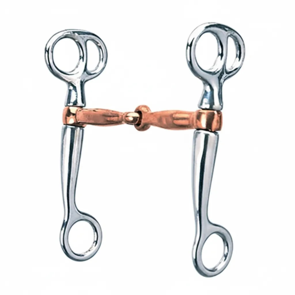 Weaver Leather Copper-Plated Tom Thumb Western Bit featuring a 5-inch jointed mouthpiece and 6-inch stainless steel cheeks. This classic training bit combines mild leverage with a copper-plated mouth to promote salivation and bit acceptance. A versatile piece of horse tack for Western riding and trail training, designed with a high-shine silver finish and durable construction for everyday use.