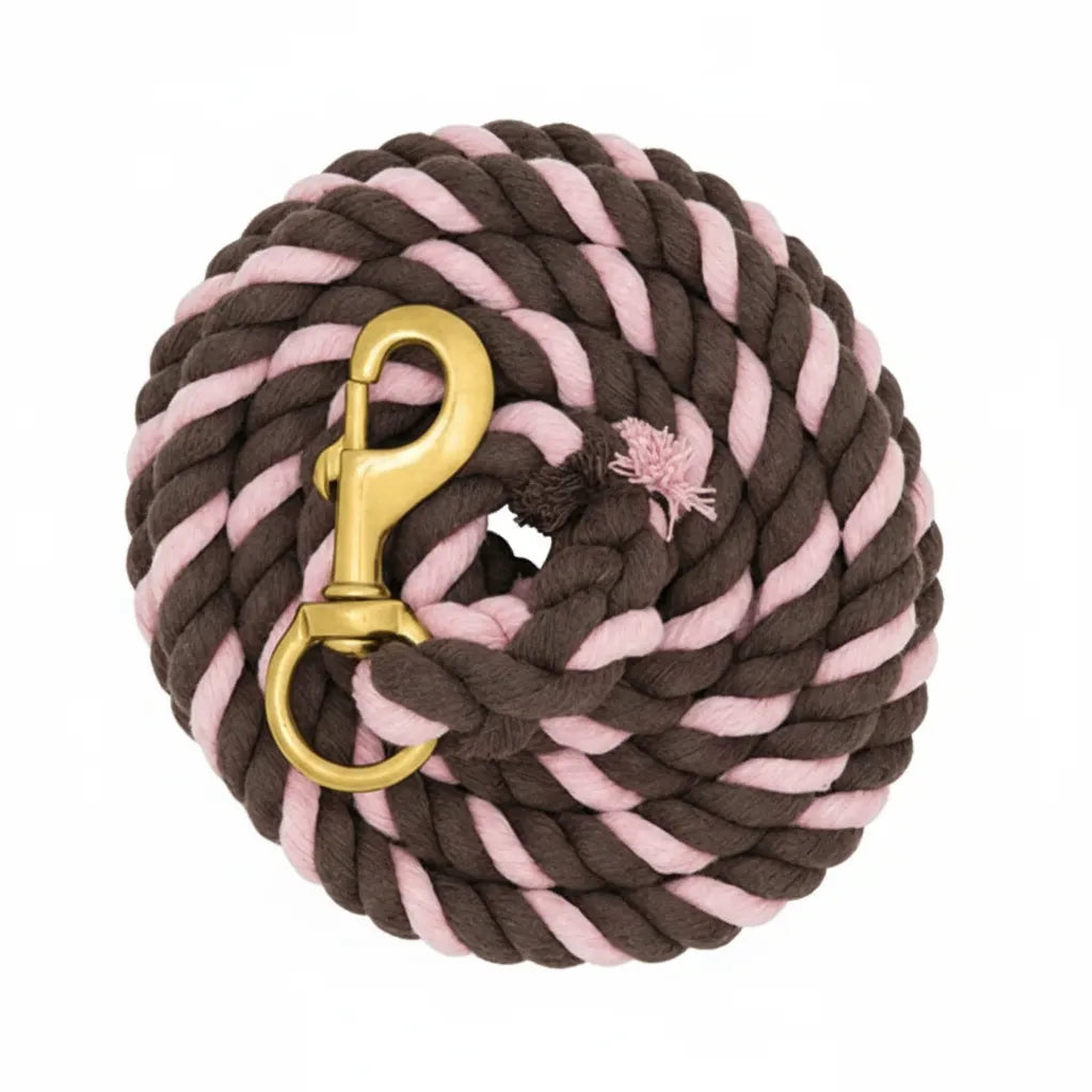 Weaver Leather Cotton Horse Lead Rope in Chocolate and Pastel Pink, featuring a 5/8" x 10' twisted design. This high-quality equestrian tack includes a premium solid brass swivel bolt snap for secure attachment. Neatly coiled to show its soft texture and vibrant two-tone color, this durable horse lead is essential for daily handling, training, and stable use. Combining style and strength, it’s a must-have accessory for any horse owner's collection.
