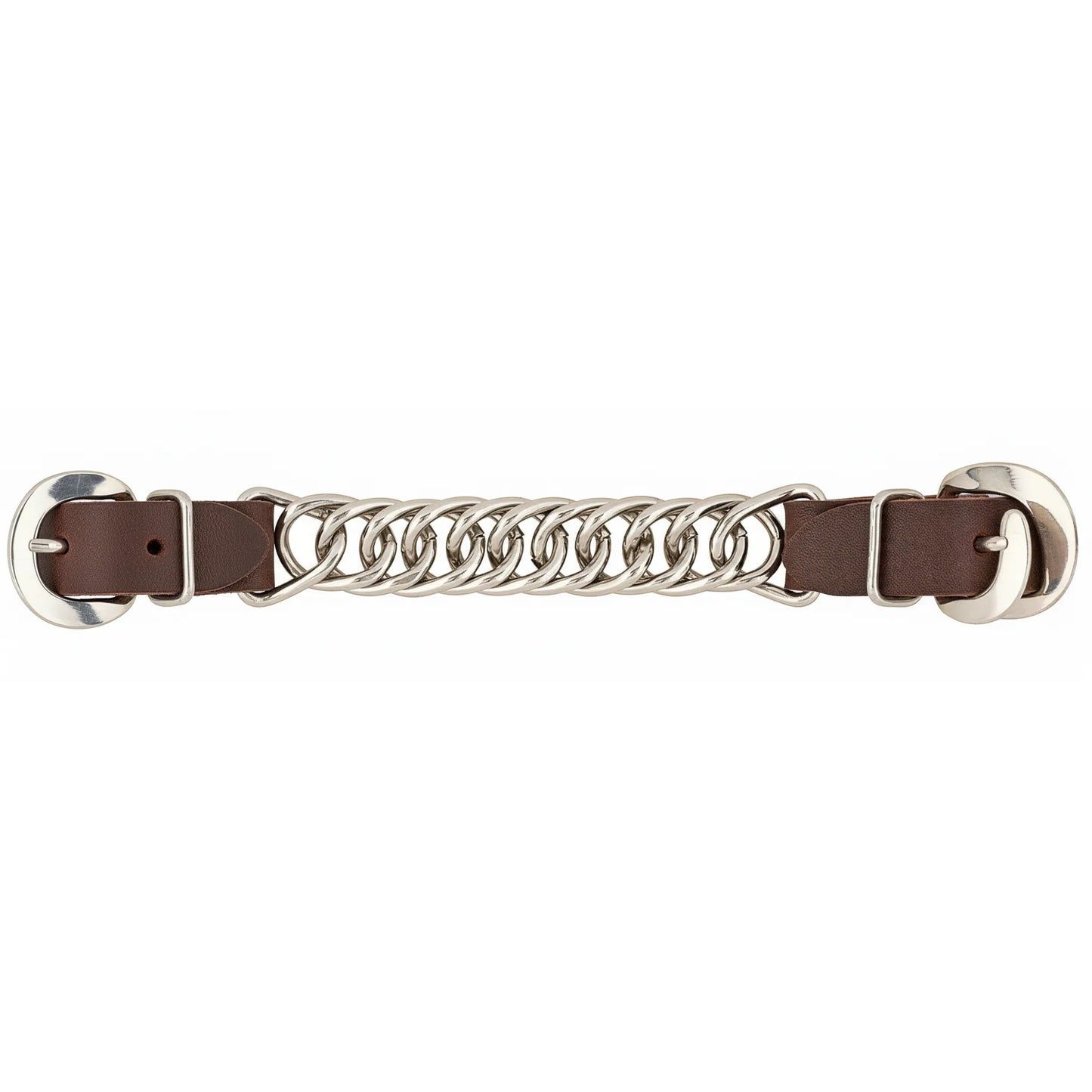 Weaver Leather Cowboy Curb Strap featuring a durable 4-1/2" single flat link stainless steel chain. This Western horse tack essential includes premium dark brown heavy harness leather straps with polished stainless steel buckles for a secure and stylish fit. Perfect for equestrians looking for high-quality, long-lasting bridle accessories for their horse's bit setup.