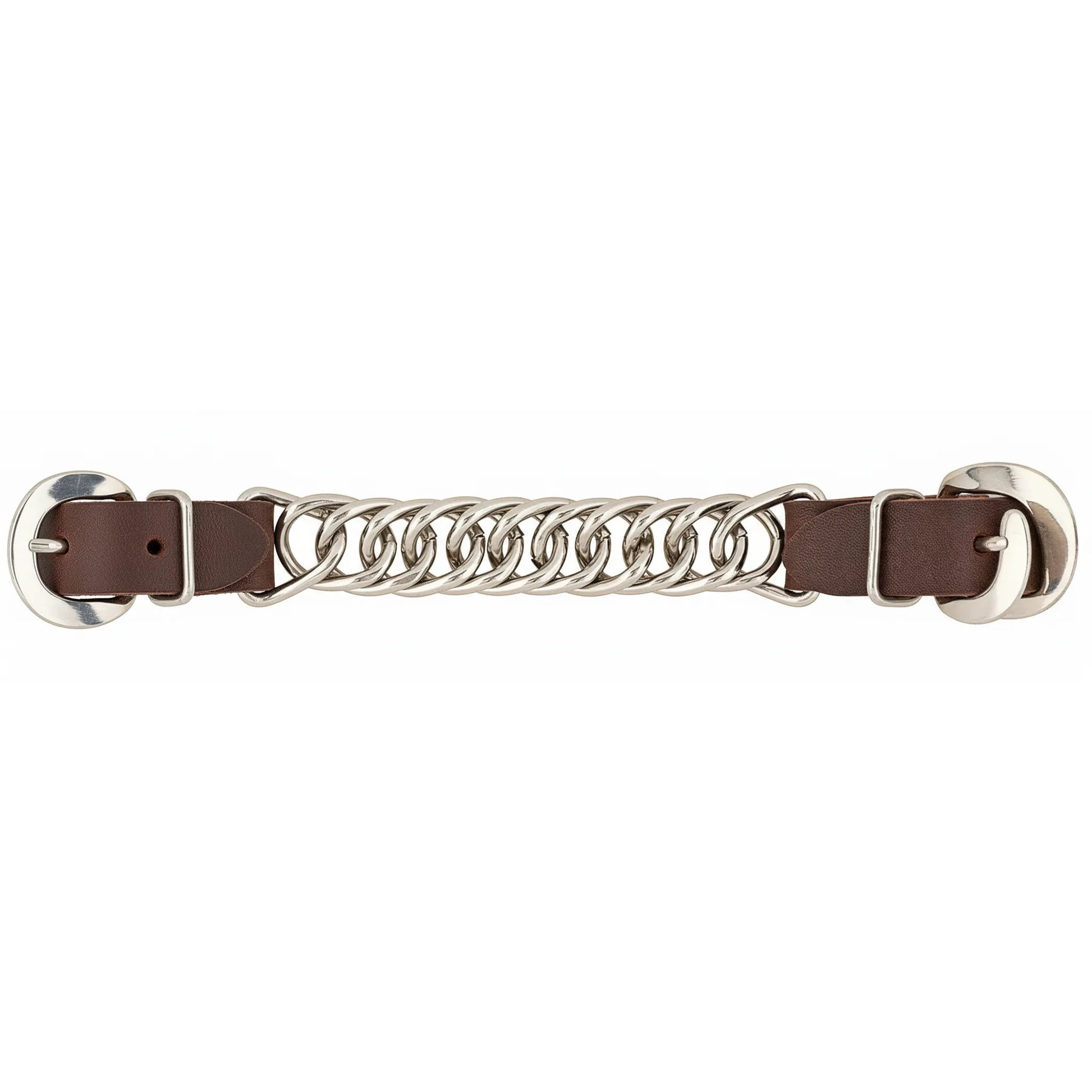 Weaver Leather Cowboy Curb Strap featuring a durable 4-1/2" single flat link stainless steel chain. This Western horse tack essential includes premium dark brown heavy harness leather straps with polished stainless steel buckles for a secure and stylish fit. Perfect for equestrians looking for high-quality, long-lasting bridle accessories for their horse's bit setup.