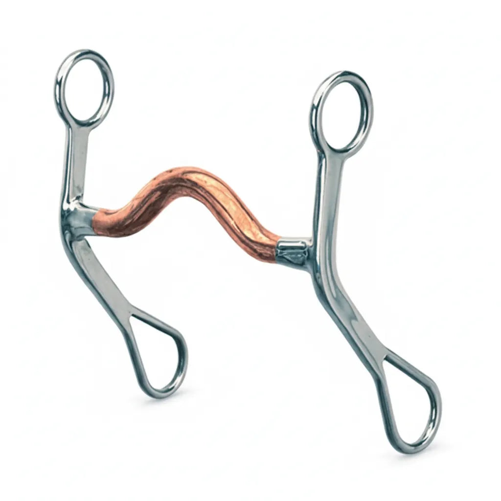 Weaver Leather Curb Bit featuring a 5-1/2" copper medium port mouth and 6" stainless steel curved cheeks. This high-quality western horse bit is designed for comfort and clear communication, with a copper mouthpiece to encourage salivation and bit acceptance. The durable stainless steel shanks offer balanced leverage, making it ideal for training, trail riding, or competition. Professional-grade equestrian gear for western performance horses.