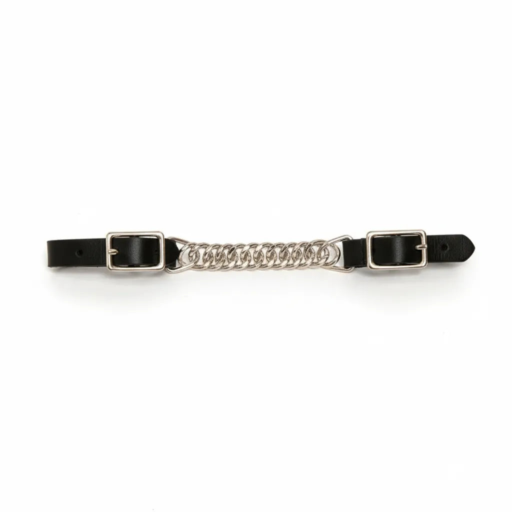 Weaver Leather Curb Strap featuring 5/8" black bridle leather straps and a 4 1/2" flat link silver-tone chain. This horse bridle accessory includes adjustable nickel-plated buckles for a precise fit. A durable, high-quality equestrian essential perfect for Western or English riding setups.